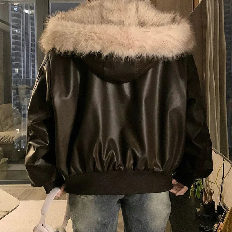 Winter Thick Warm Fleece Hooded Jacket Women Korean Fashion Loose Zipper Leather Coats Chic Full Faux Fur Lined Bomber Outerwear