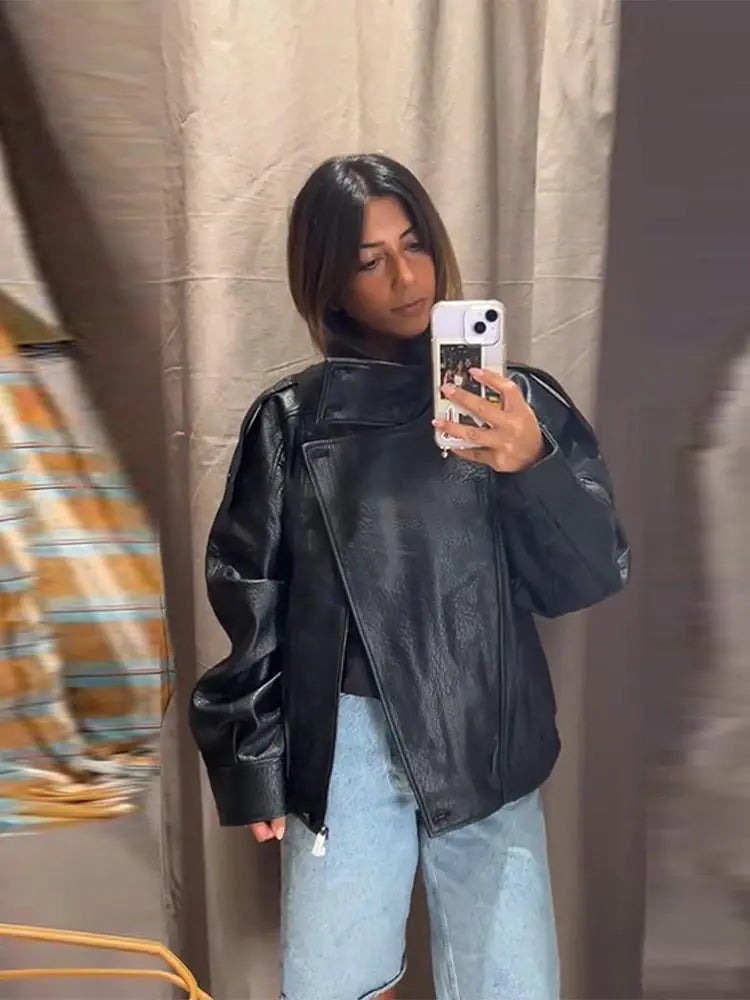 Fashion Leather Women's Jacket Y2k Street Single-breasted High Neck Female Coats 2026 Autumn Black Pu Long Sleeve Lady Jackets