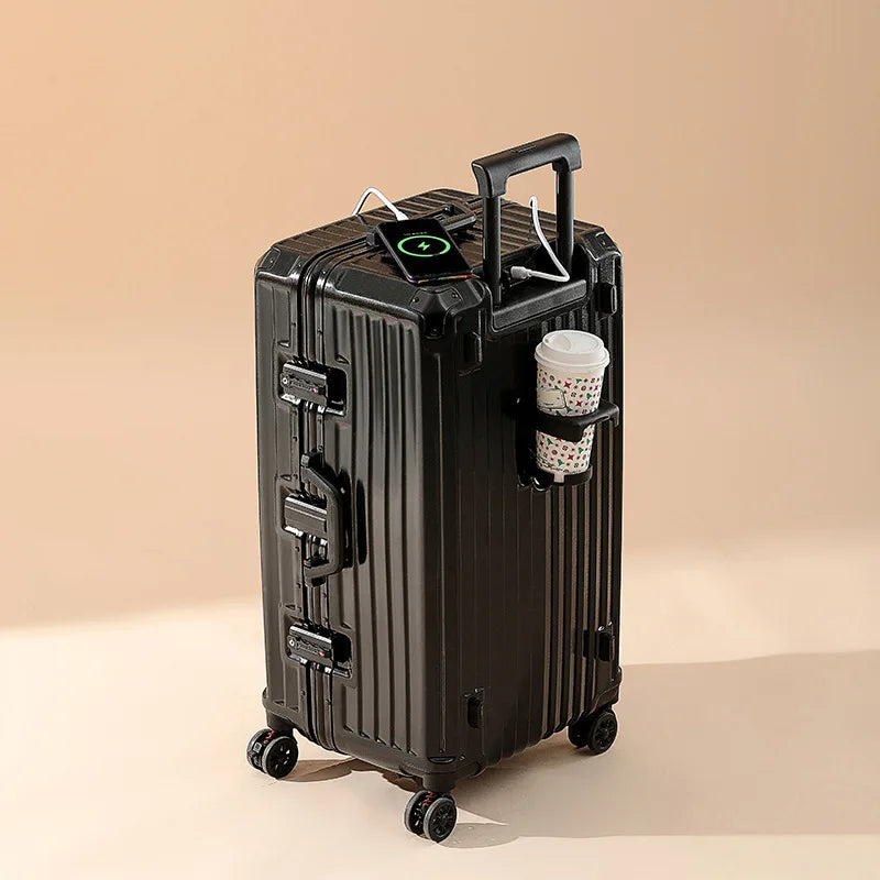 Five-wheeled Luggage 34 inch Thicken Aluminum Frame Suitcase USB Cup Holder Large Capacity TSA Lock Trolley Case Brake Wheel 24"