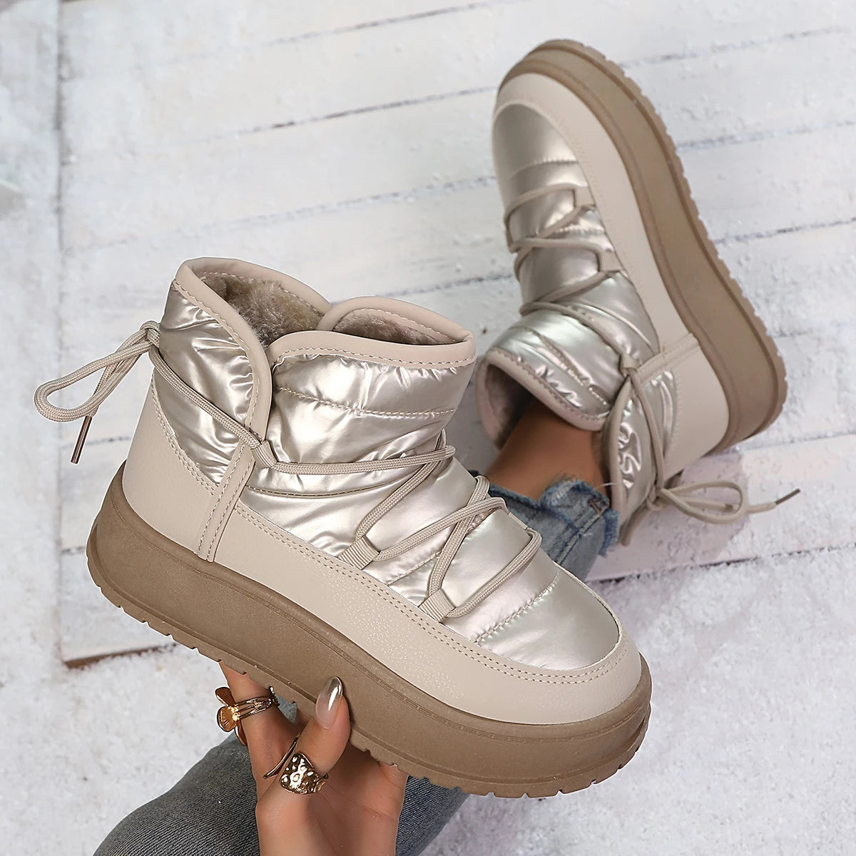 Comfort Platform Waterproof Snow Boots Women 2026 Winter Lace Up Decoration Thick Bottom Moon Boots Women Plush Short Booties
