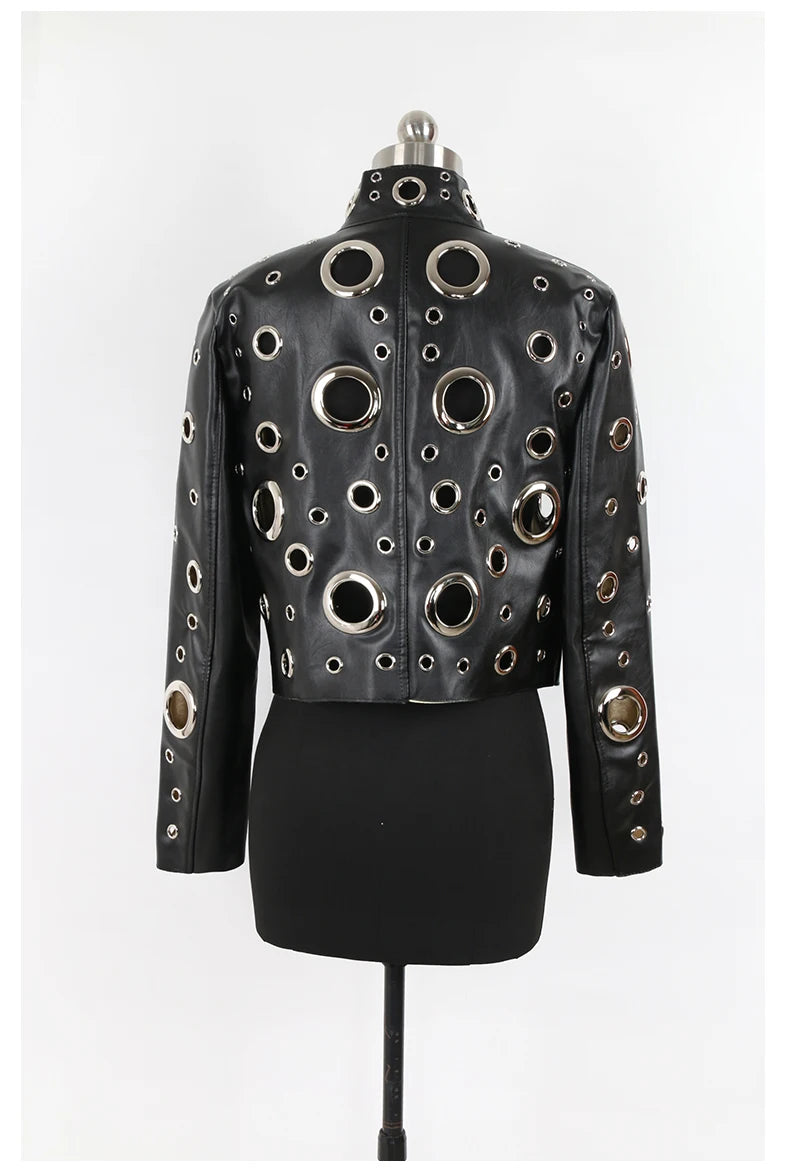 Nerazzurri Spring Autumn Short Hollow Out Pu Leather Jacket Women Rivet Cool Stylish Luxury Designer Clothes Runway Fashion 2024