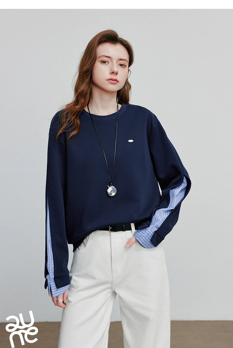TOYOUTH Women Hoodies Sweatshirt 2025 Autumn New Patchwork Design Round Neck Long Sleeve Pullover Casual Tops