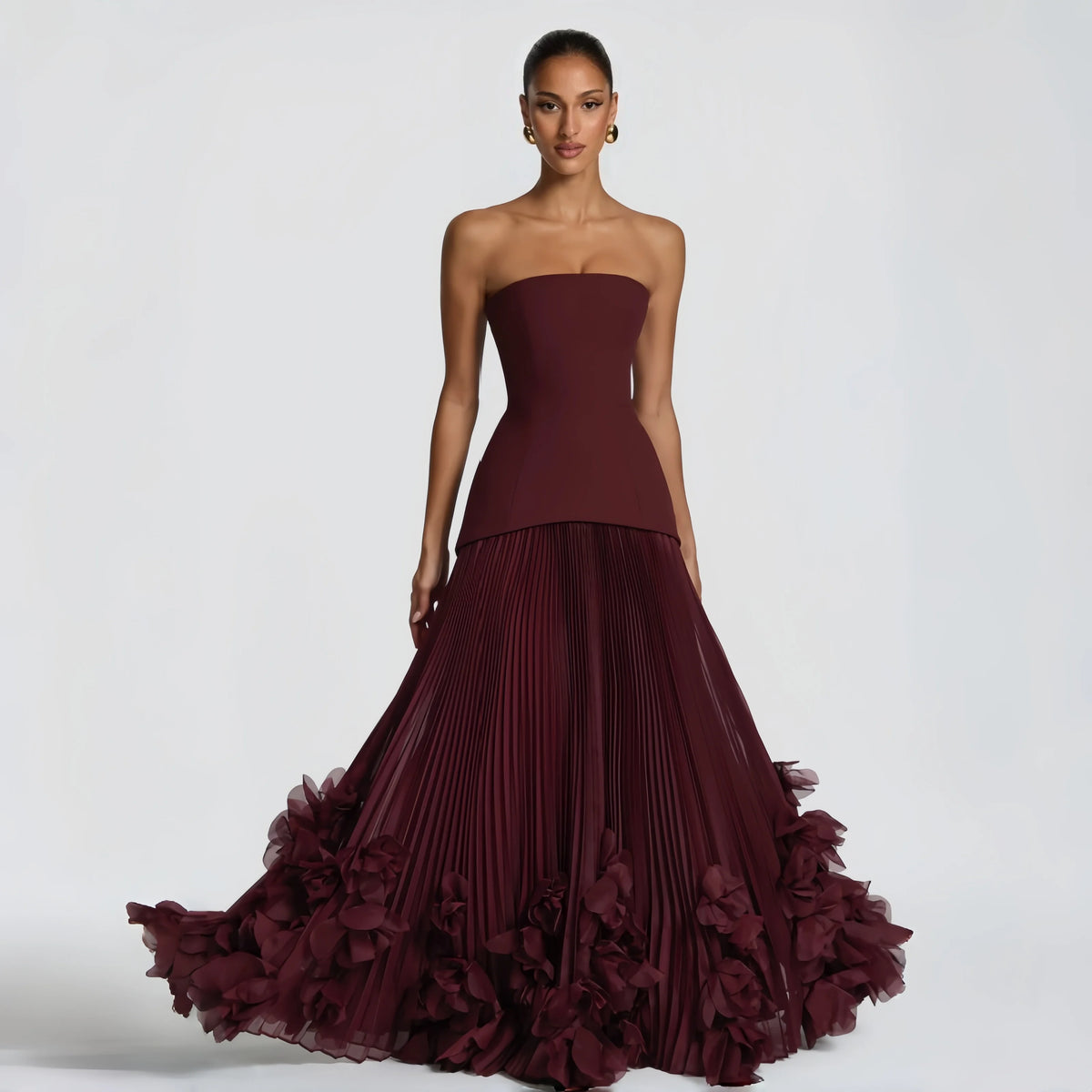 Sexy Lemon Strapless Corset Maxi Gown Sleeveless Corset Pleated Chiffon 3d Floral Hem Flowy Skirt Formal Evening Party Wear