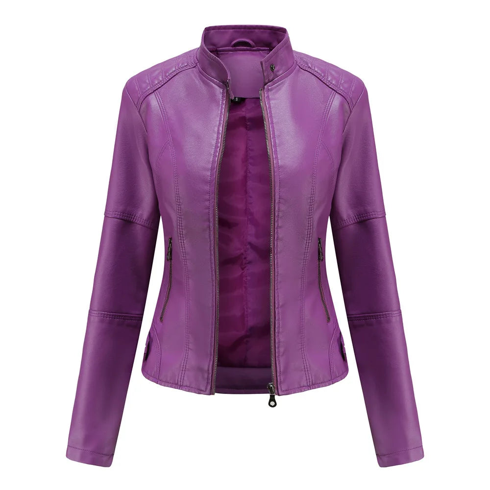 Women's Slim Fit Leather Jacket with Motorcycle Suit, Large Standing Collar, Autumn Black Zipper Outdoor Leather Top