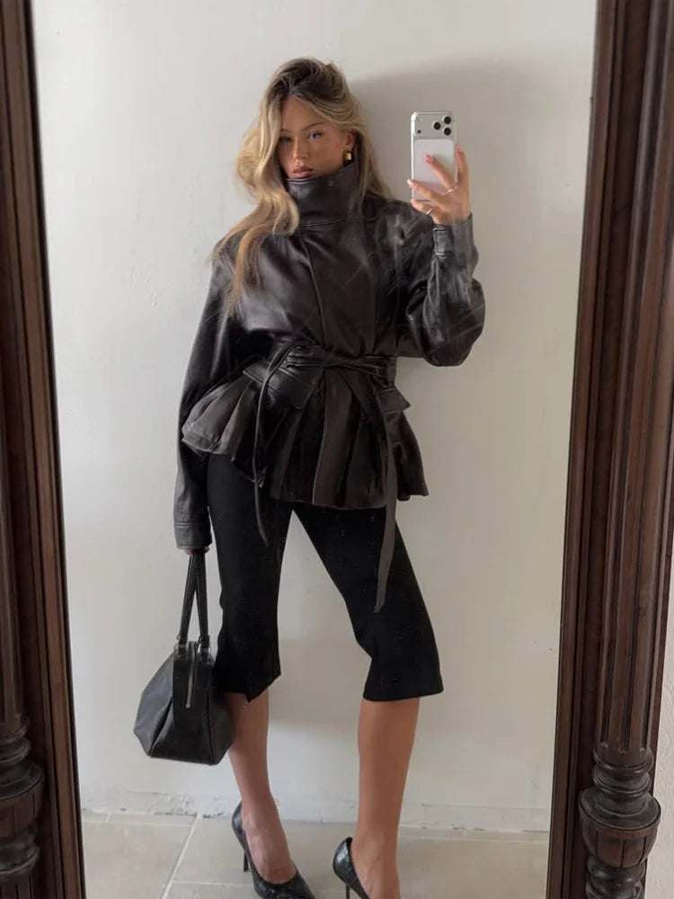 Women's Black Belted Faux Leather Jacket High Neck Long Sleeve Waist Belt Autumn Winter Peplum Jackets 2026 Street Outerwear