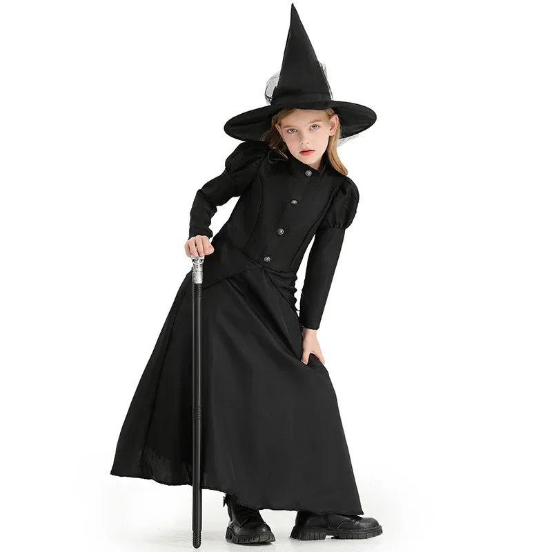 Halloween Wizard Cosplay Costume Kids Adult Halloween Women Deluxe Wicked Witch Costume Black Full Length Dress