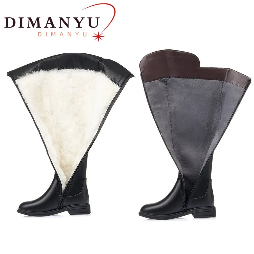 Women Over The Knee Boots Winter Natural Wool Warm Genuine Leather Ladies Knee Boots Large Size Non-slip Snow Boots Women