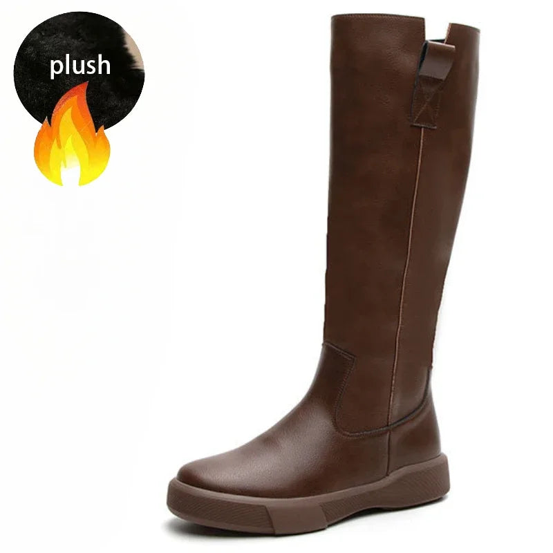Koznoy 4cm Cow Genuine Leather Microfiber High Top Rubber Knee High Booties Women Chimney Autumn Boots Spring Fashion Shoes
