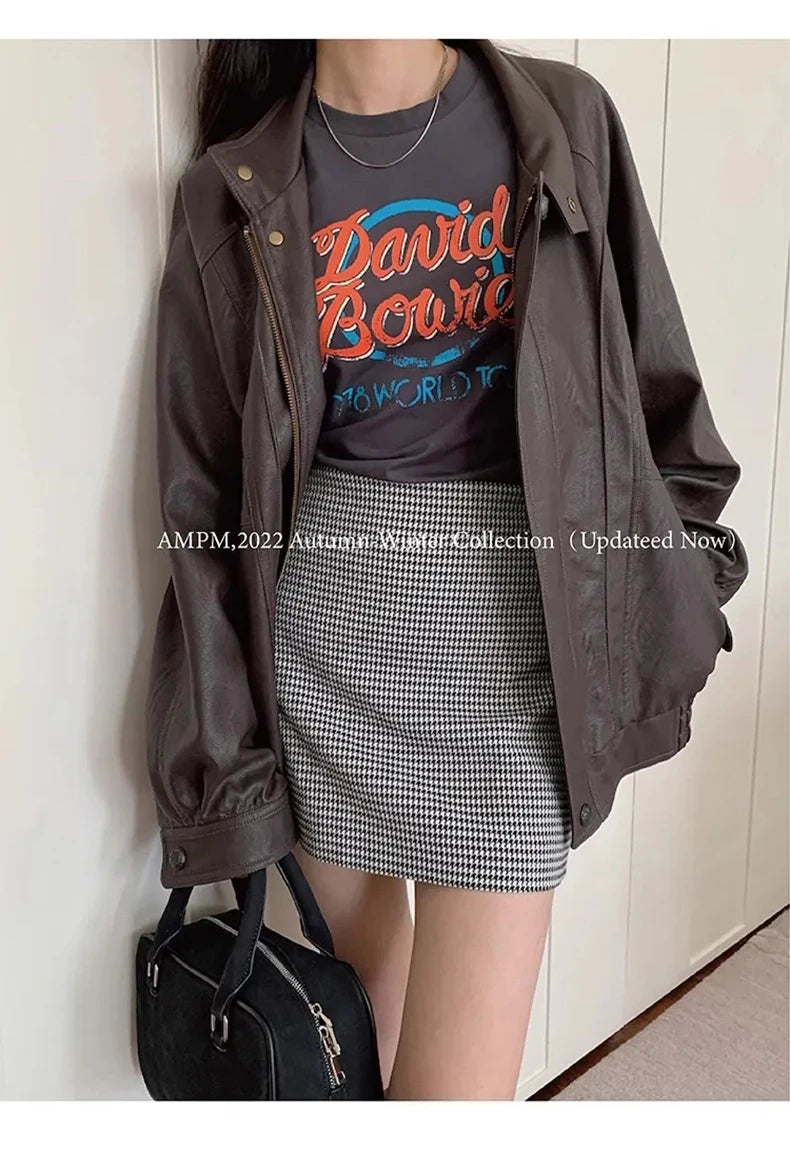 Lautaro Autumn Cool Brown Oversized Leather Jacket Women Drop Shoulder Long Sleeve Zippper High Quality American Retro Clothing