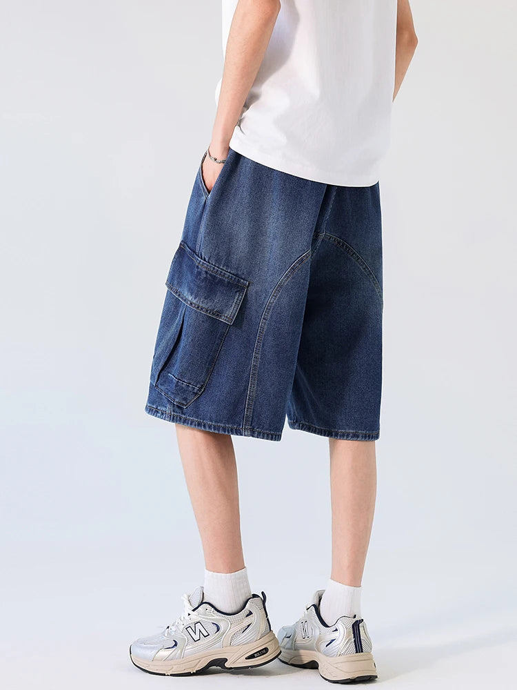 Cargo Shorts Men Summer Baggy Multi-pocket Jeans Straight Drawstring Moto Work Pants Fashion Cotton Black Blue Trousers New