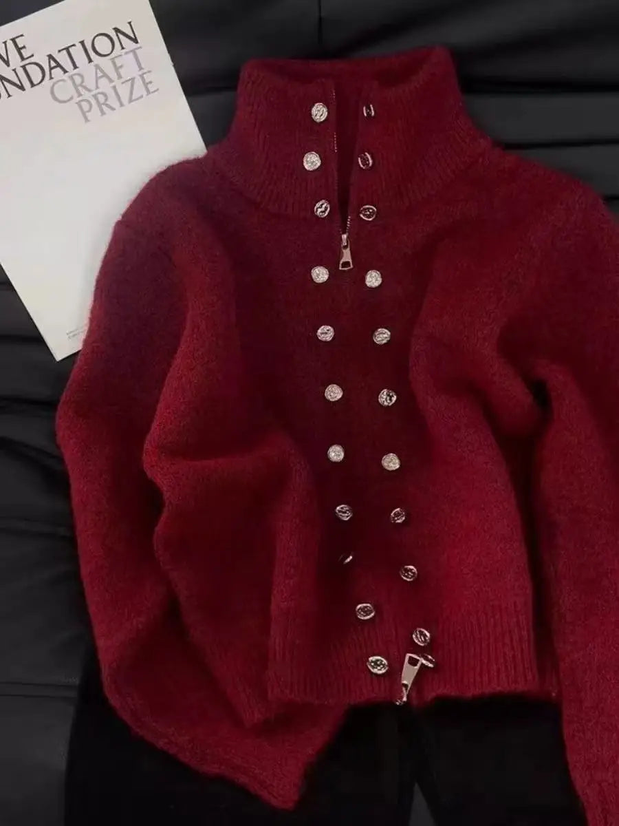 Luxury Fluffy Knitted Cardigans Sweater Design Double Breasted Sweater Coat Women Autumn Winter High-end Lazy Zipper Knit Top