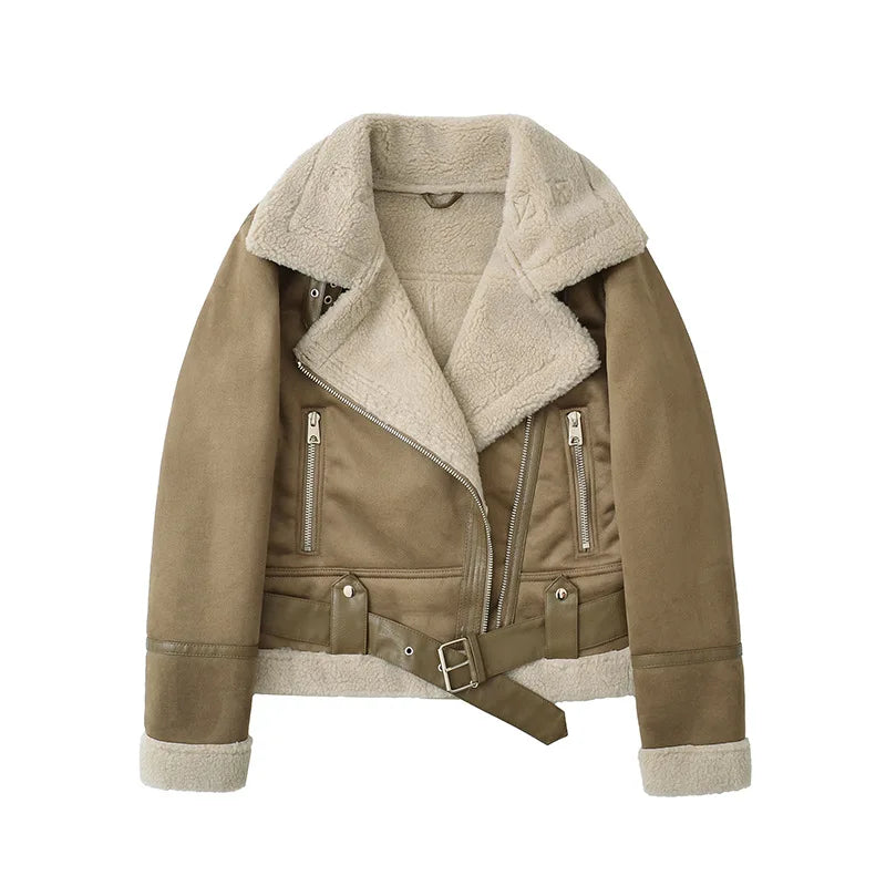 Winter Women Thick Warm Suede Lamb Jacket Short Motorcycle Brown Coats Faux Shearling Sheepskin Leather Jackets Outwear