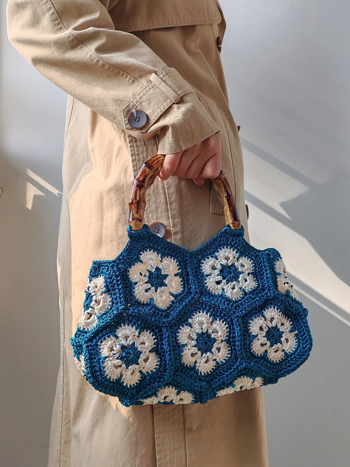 Handmade Crochet Granny Square Tote Bag with Bamboo-Style Handle, Vintage Woven Flower Pattern Shoulder Purse for Women