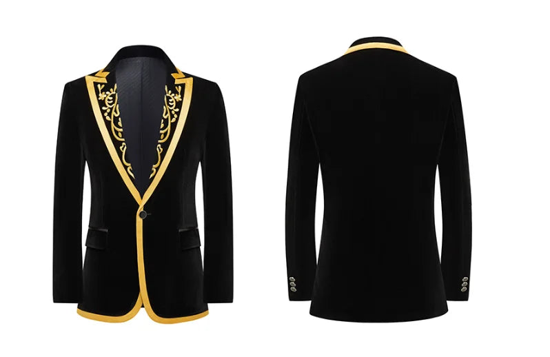 New Men High Quality Golden Velvet Embroidered Suit Slim Fit Jacket Fashion Homme Wedding Prom Party Luxury Dress Blazers