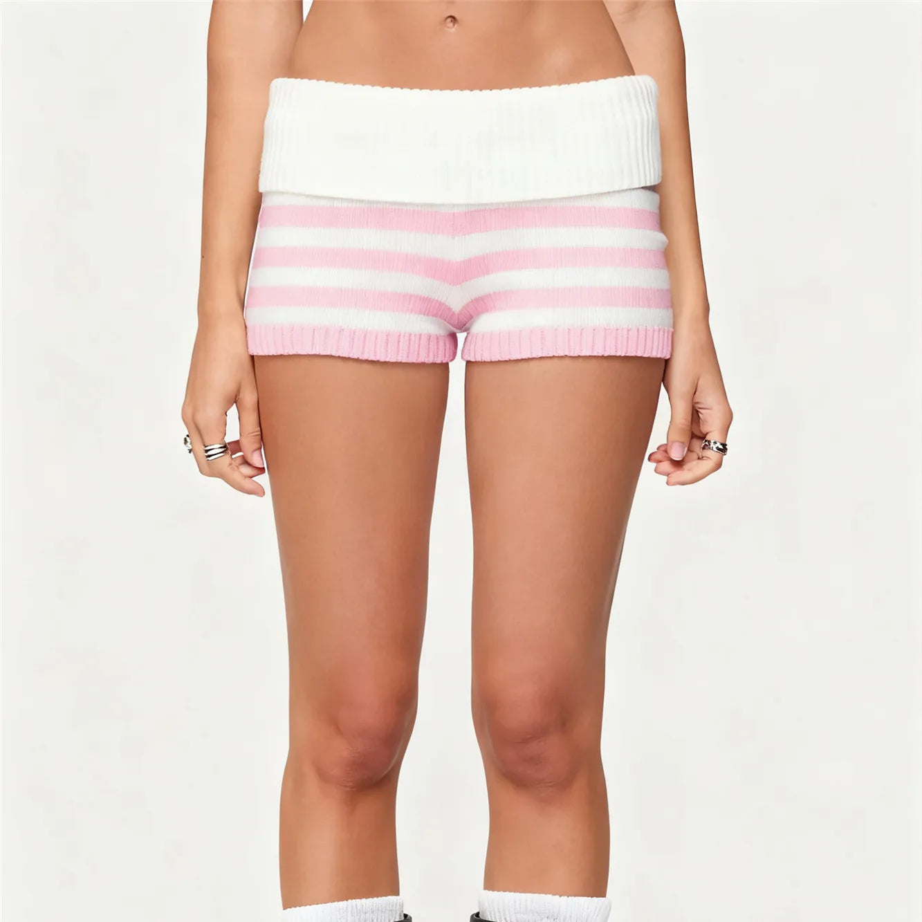 Women Striped Knit Micro Shorts Summer Fold Over Elastic Waist Slim Fit Mini Bottom Y2k Lounge Sweater Shorts Holiday Beachwear