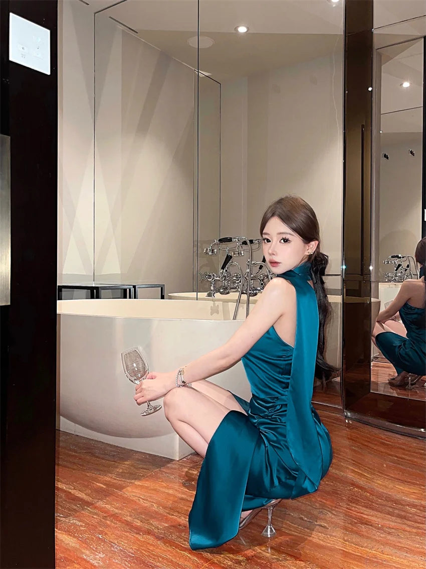 Summer Korean Fashion Sexy Club Robe Women's Sleeveless Irregular High-slit Bodycon Dress Elegant High End Party Evening Dress