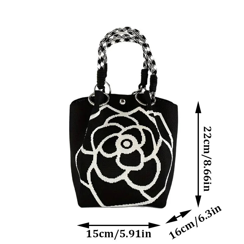 Fashion Flowers Knit Handbag Women Shoulder Bag Color Contrast Portable Ladies Beach Handbag Shopping Tote