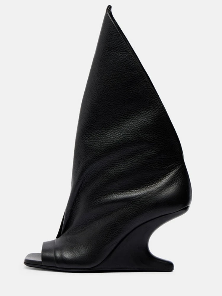 Runway Style Women Peep Toe Tall Boots Sculptural Wedge Heel Draped Pleated Upper Trendy Evening Statement Fashion Footwear