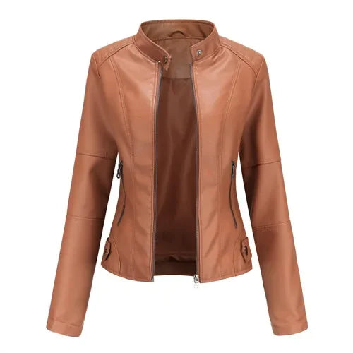 Autumn New Women's Leather Jacket, Fashionable Trim Motorcycle Women PU Coat Black Purple Brown Tops Female Menteau