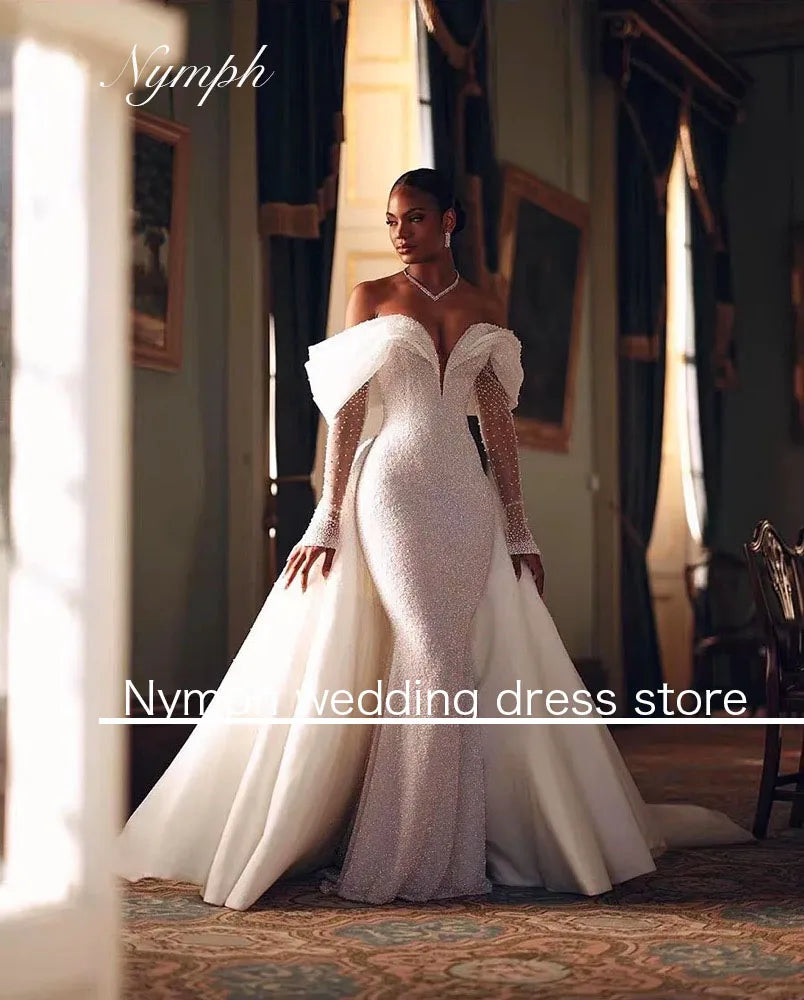Vintage Lace Sequins Wedding Dress V Neck Full Sleeve Luxury Detachable 2 In 1Train Bride Gown Mermaid Vestido De Novia Customiz