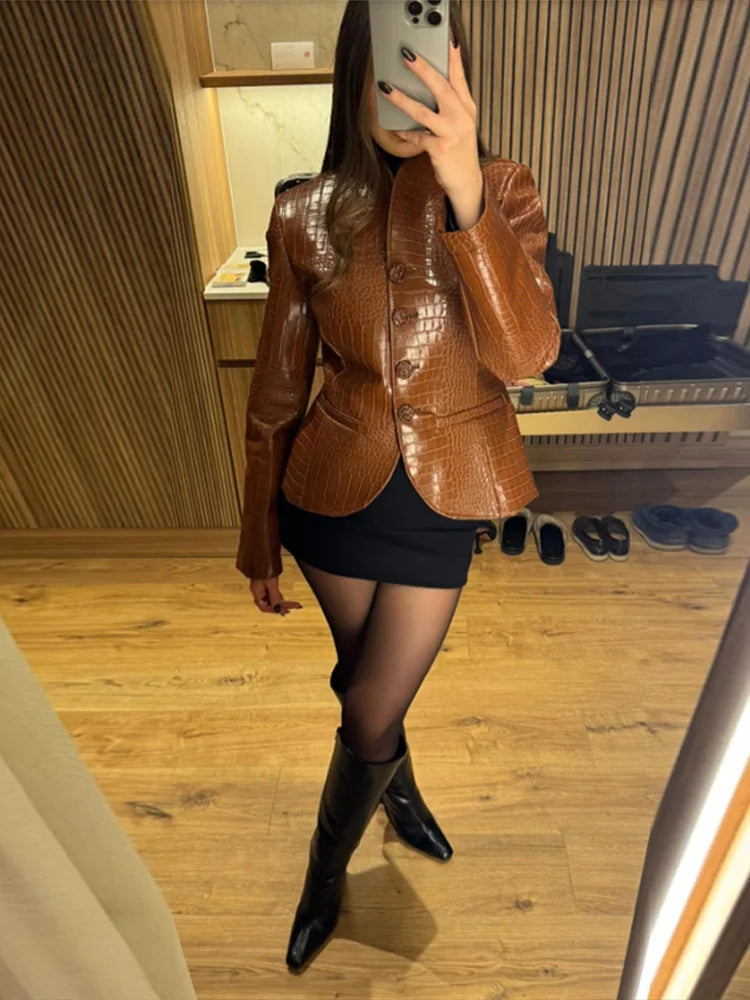 Street Fitted Leather Jackets Women Shoulder Pad Single Breasted Long Sleeves Pu Coats Female 2026 Autumn New Chic Outwears Lady