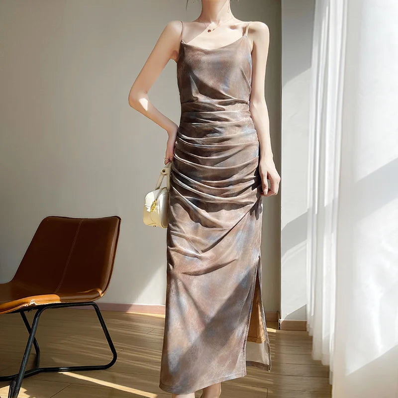 Ele Printed Me Split Dr Women's Summer Vintage A-Line Midi Dr Body-a Light Mature Sle TING