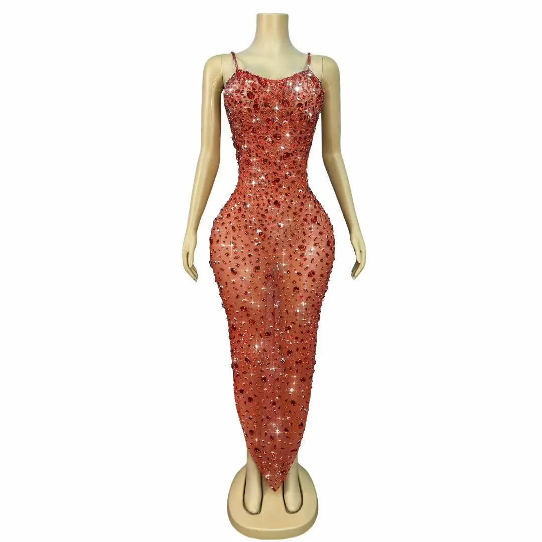 Women Birthday Evening Cocktail party Gown Red Carpet Club Stage Outfit Luxury Rhinestones Sexy Mesh See Through Bodycon Dress