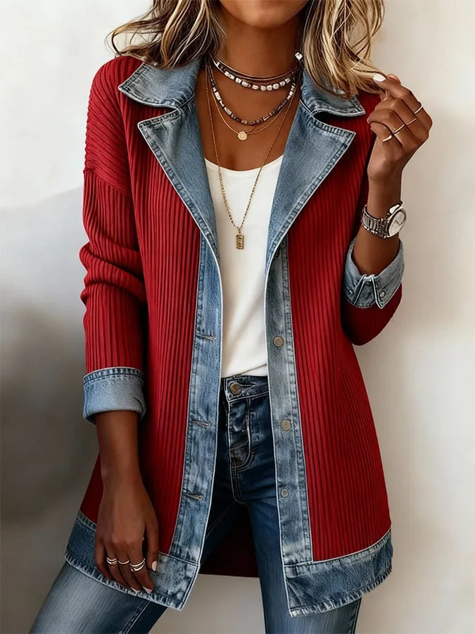 Women's Casual Autumn Retro Harajuku Fashion Elegant Slim Fit Sports Jacket Collar Long Sleeved Y2K Denim Patchwork Jacket