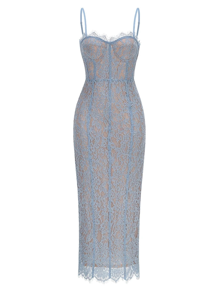 Sexy Spaghetti Strap V Neck Lace Long Dress Women Black Floral Lace Sleeveless Bodycon Dresses Elegant Evening Celebrity Party