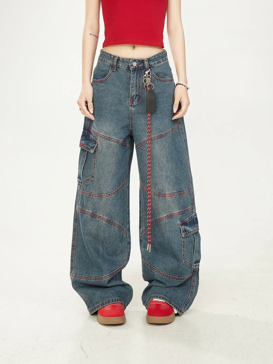 Washed Vintage American High Street Loose Women's Jeans with Patchwork And Stitching Design Casual Wide Leg Workwear Trousers