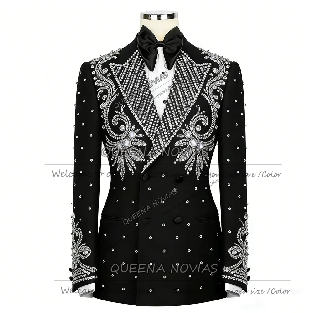 Exclusive Beaded Crystals Suits Men For Wedding Double Breasted Jacket Pants 2 Piece Set Rhinestone Groom Tuxedos Ropa Hombre