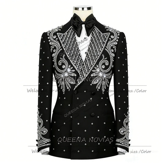 Exclusive Beaded Crystals Suits Men For Wedding Double Breasted Jacket Pants 2 Piece Set Rhinestone Groom Tuxedos Ropa Hombre