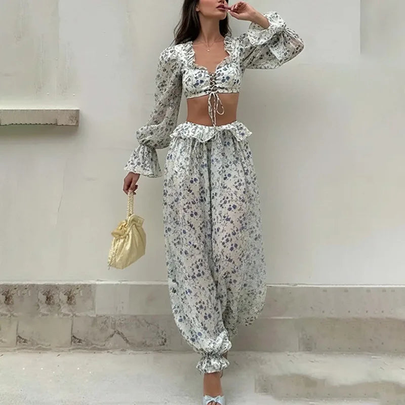 Summer Floral Trousers Set Comfortable Street Style Long-sleeved Waist-revealing Lace-up Top Wide-leg Trousers Two-piece Set