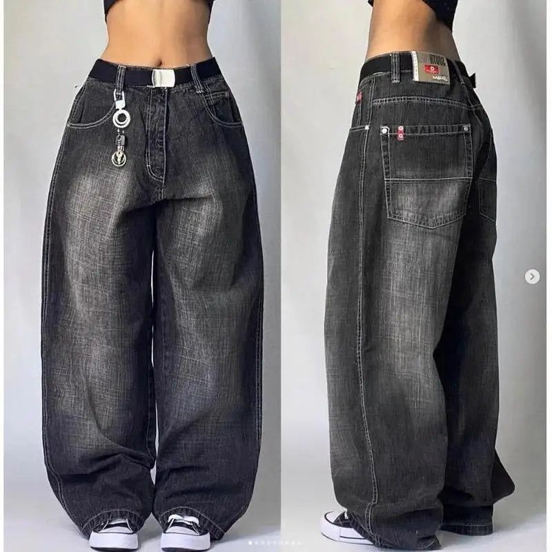 Fashion New Multi Pocket Washed Baggy Jeans Men And Women Low Waist Straight Leg Drawstring Closure High Elasticity Korean Style
