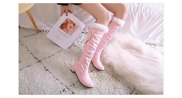 Winter Warm Knee High Boots Women Platform Wedges High Heels Snow Boots Slip on Winter Ladies Shoes White Black Pink 2025