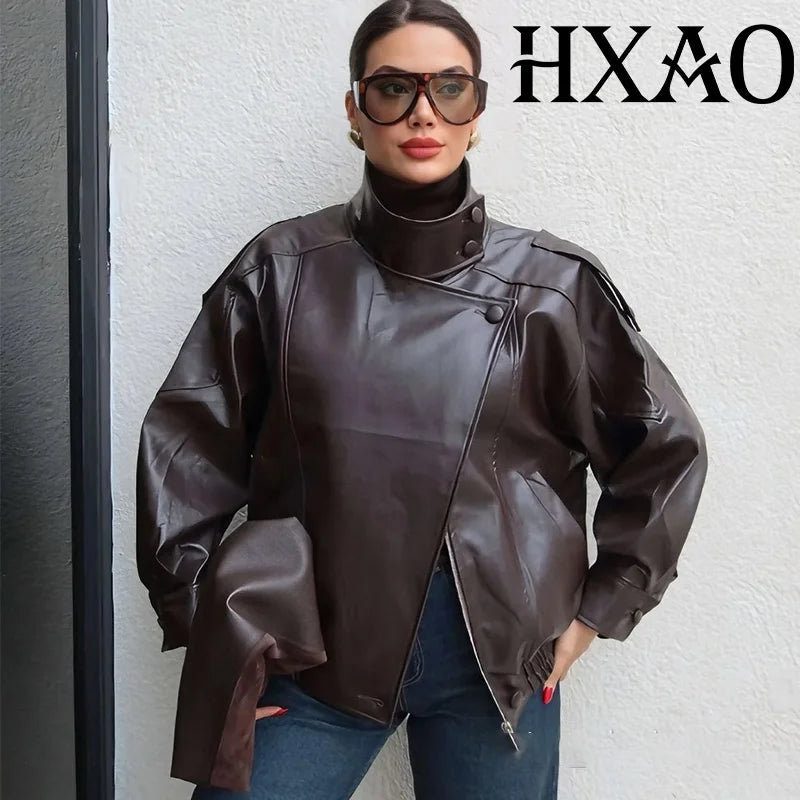 HXAO Women's Faux Leather Jacket Short Coat Black Bomber Jackets For Woman Loose Winter Outerwear High Neck Aviator Jackets