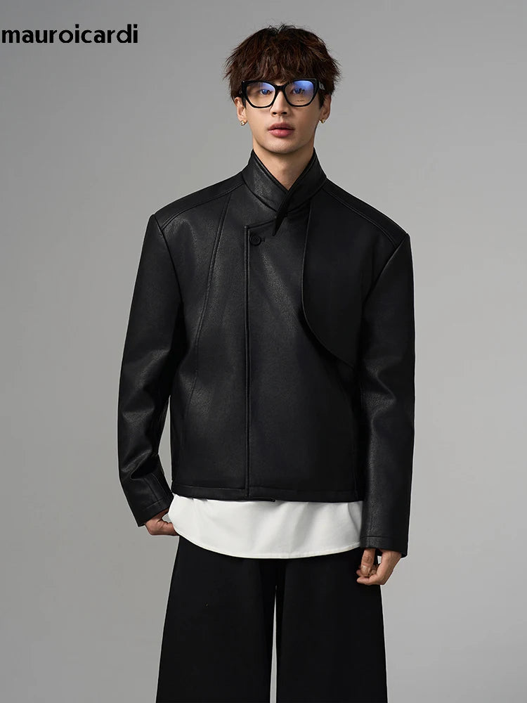 Mauroicardi Spring Autumn Cool Short Black Pu Leather Jacket Men Shoulder Pads Stand Collar Luxury Designer Fashion Clothes 2026