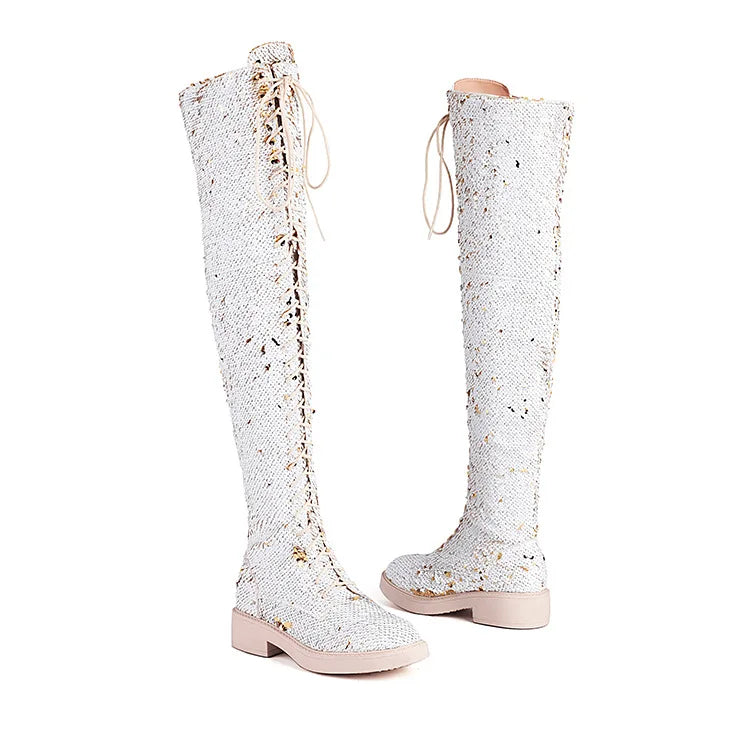 Lowheel Boots For Women Autumn Winter Thick Heels Over-knee-high Boots Shiny Sequined Club Dance Shoes Lace Up Thigh High Boots