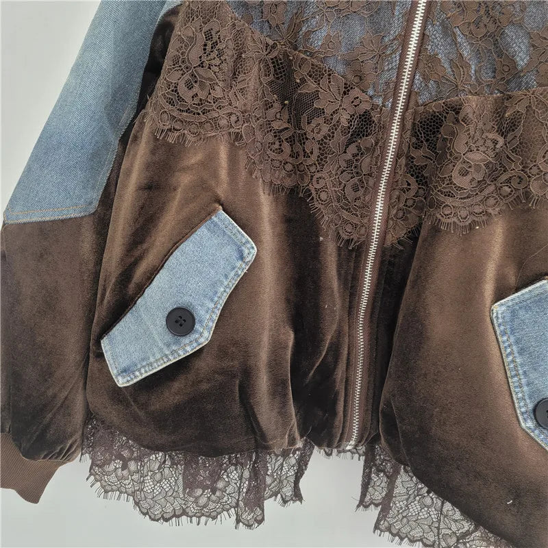 Spring New Fashion Stitched Lace Loose Velvet Denim Jacket Trendy Personality Street Casual Versatile Baseball Jackets Women