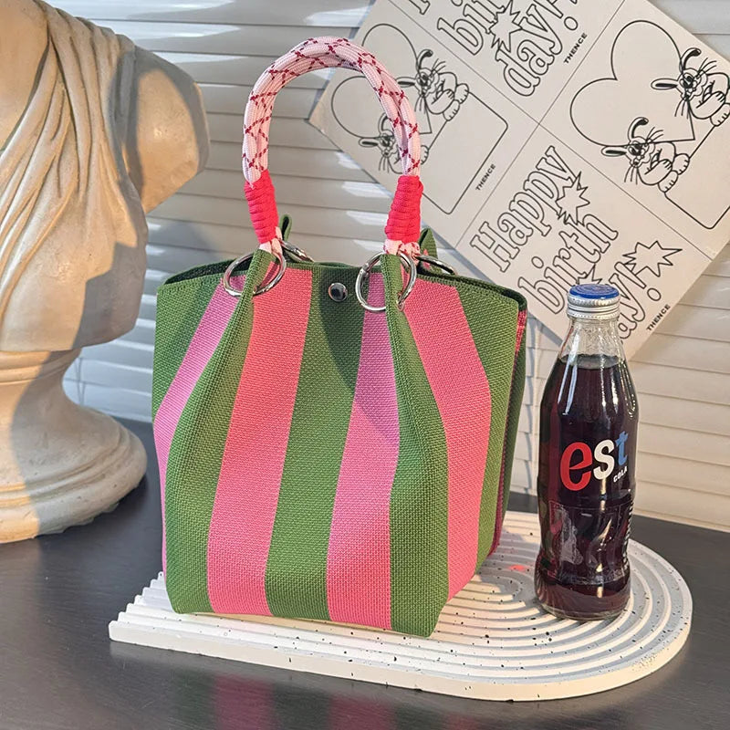 Colorful Stripe Handbag Large Capacity Bucket Rope Knot Spring Autumn Travel Versatile Soft Polyester Lining Mobile Phone Bag