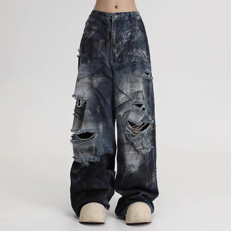 American High Street Spray Ripped Wide Leg Jeans Men Women Summer 2025 New Style Hip Hop Casual Wear Resistant Cotton Stretch...