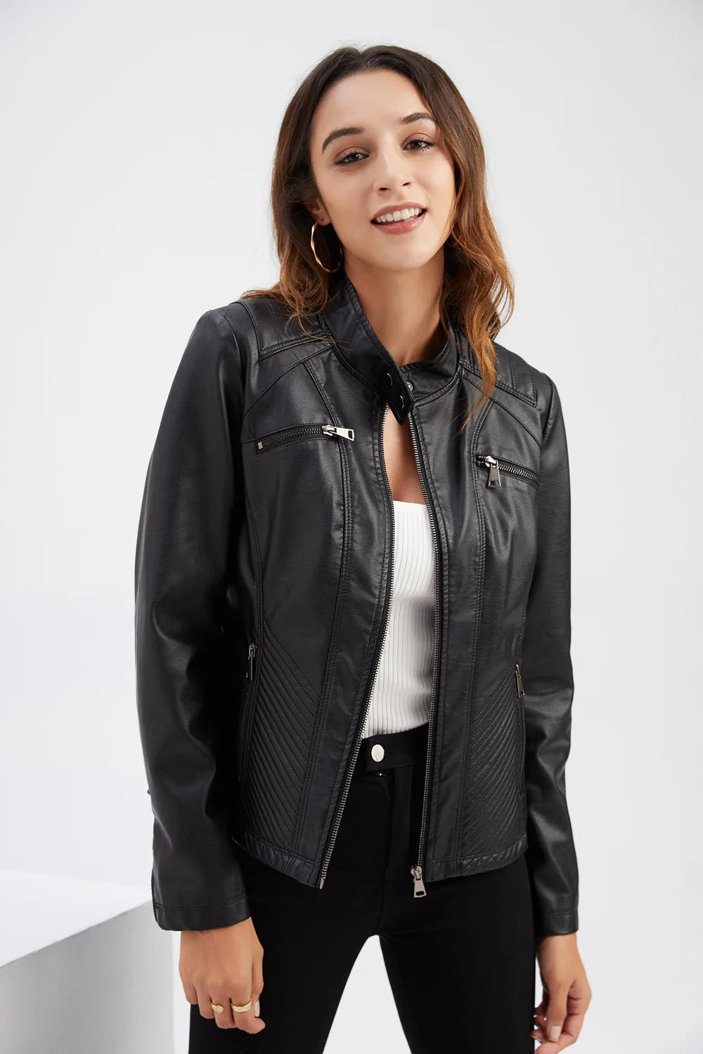 Ladies casual stand-up collar jacket Slim models women's spring and autumn solid color women's leather jacket