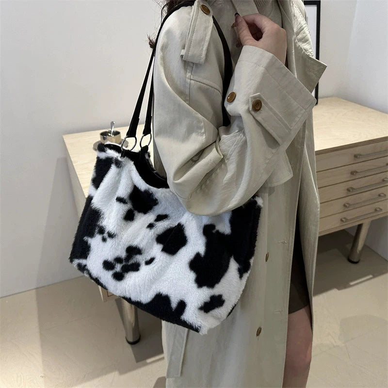 Cow Pattern Plush Shoulder Bag for Women Winter Fashion Purse Handbags Soft Warm Fur Female Casual Messenger Bags