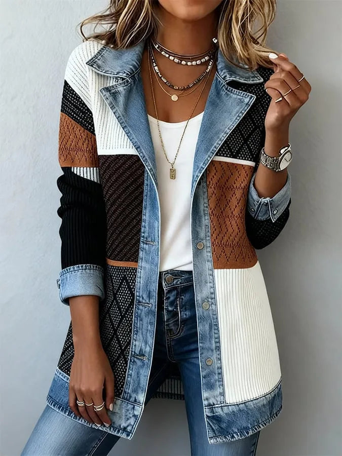 Women's Casual Autumn Retro Harajuku Fashion Elegant Slim Fit Sports Jacket Collar Long Sleeved Y2K Denim Patchwork Jacket