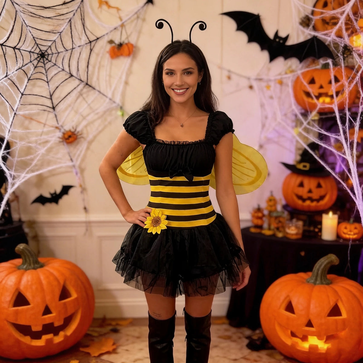 Women Bubble Bee Costume Striped Mini Tulle Dress Wings and Antenna Headband Set of 3 for Halloween Cosplay Party