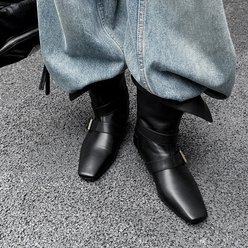 Arden Furtado Autumn Belt buckle cowhide Mid-Calf boots Square toe pull-on Middle heel Modern boots Large size Women's Boots