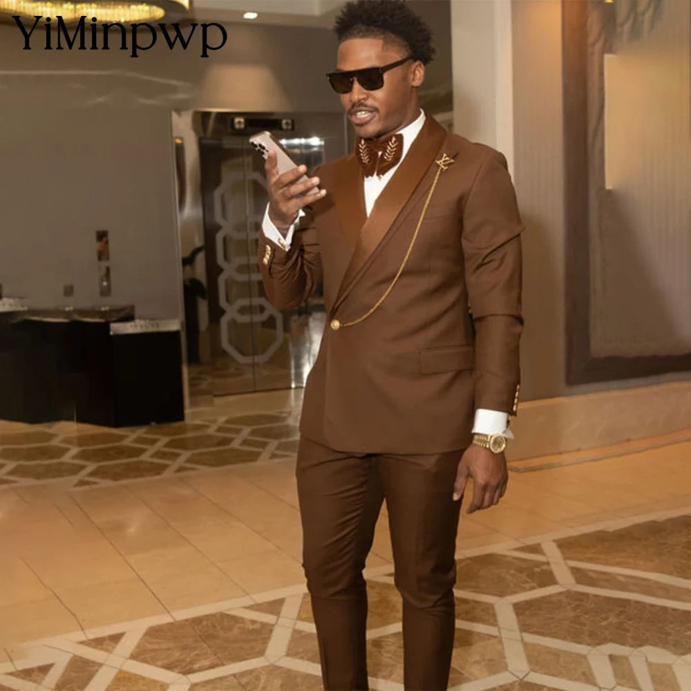 Brown African Men's Suits 2 Pieces Shawl Lapel One Button Groom Wedding Suit for Man Prom Slim Fit Blazer Jacket+Pant Customized