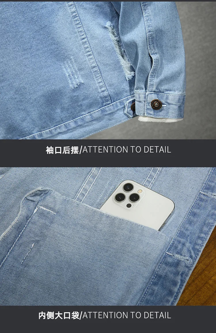QICHE New Spring Autumn Men Light Blue Slim Denim Jacket Distressed Ripped Casual Outerwear