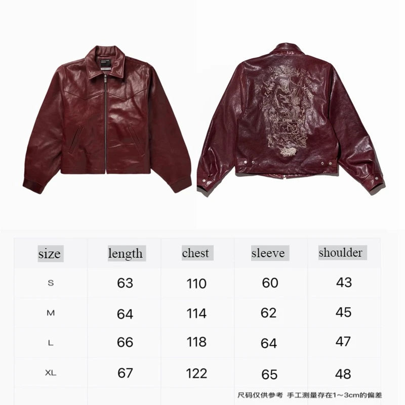 2026ss Embroidered Printed Leather Jacket High-quality Burgundy Loose Casual High Street Men's Women's Jackets