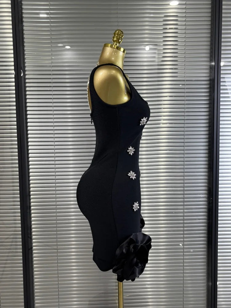 Hot Sale Women Sleeveless Sexy Shinning Rhinestones Ruffles Bodycon Mini Bandage Dress Celebrate Nightlcub Party Outfit Vestido